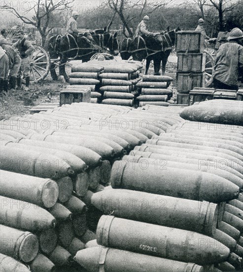 This photo, taken during World War I, hsows shells for Verdun in France. The captions says: Big shells for Verdun. One of the many ammunition depots in the rear of the French lines at Verdun.