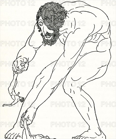 This 1918 image illustrates the Cyclops named Polyphemus preparuing to eat two of Odysseus’s men. In the epic poem Odyssey, which is credited to the Greek poet Homer, the hero Odysseus (also spelled Ulysses) and his men, on their way home to Ithaca from the Trojan War, are captured by Polyphemus, a Cyclops or one-eyed giant. Polyphemus eats six of the men (seen here, getting ready to eat two) and says he will eat them all. Odysseus escapes by giving the Cyclops strong wine. The Cyclops falls.