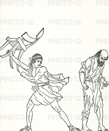 This image shows the return of Odysseus. According to the Greek legend as told by Homer in the 'Odyssey,' when the hero Odysseus returned home to Ithaca from the Trojan War, a journey that had taken him 20 years, he found his palace overrun with suitors vying for the hand of his wife. Here the suitor Antinous prepares to hit Odysseus (in the guise of a beggar) with a footstool.