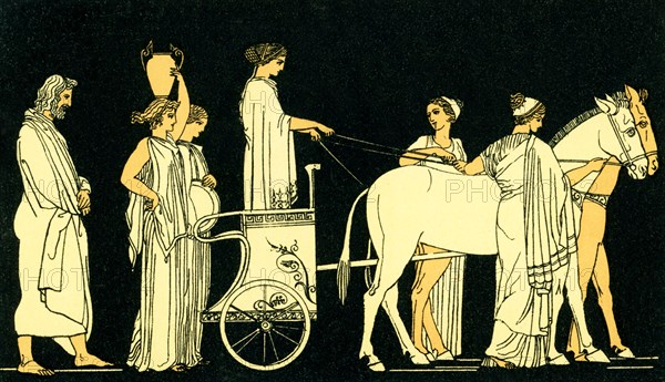 In this 1880s illustration, the Greek hero Odysseus is shown following the car of Nausicaa. Odysseus was the legendary king of Ithaca, and a Greek hero in the great Trojan War, which the Greeks won after 10 long years. On his way home, Odysseus had many adventures, including his stop at the land of the Phaeacians, where he is found washed up on their shore by the king's daughter Nausicaa, who had been playing ball with her friends.