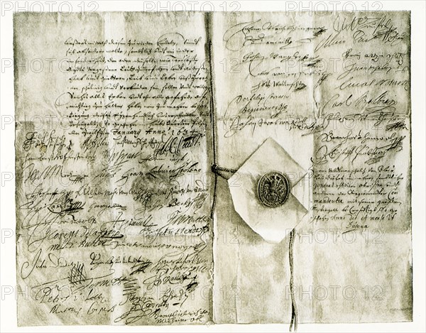 Shown here are the two last pages of the “Pilsener Schlusse“ (Pilsener Conclusions) with the signatures of Albrecht von Wallenstein’s officers. The date is 1634. This was the Declaration Of Loyalty To Albrecht Von Wallenstein Signed By Forty-Nine Of His Officers At Pilsen 12 January 1634. Wallenstein was a Bohemian[a] military leader and statesman who fought on the Catholic side during the Thirty Years' War (1618-1648).