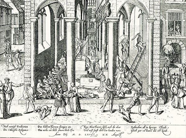 This engraving show the plundering and destruction of a church in Europe in 1579, at the time of the Reformation.