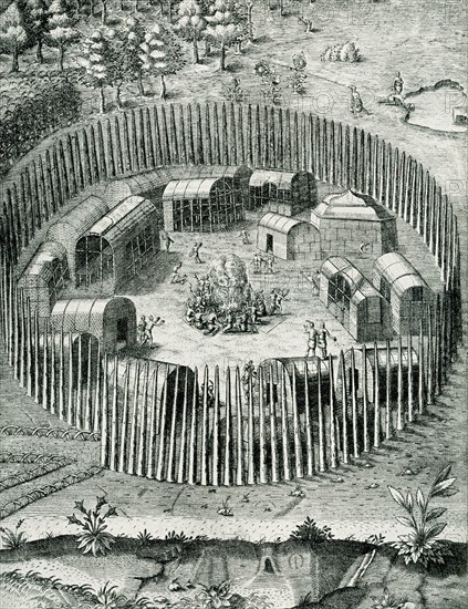 The caption reads: 'A Village of Indigenous People in Virginia.' It is taken from the 'Report of the new found land of Virginia', published in Frankfurt 1590.