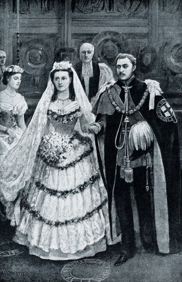 The 1906 caption reads: “WEDDING OF EDWARD VII. TO THE PRINCESS ALEXANDRA.—This picture forms an interesting contrast to our others, which show the King and Queen as they appear to-day. This presents them as they appeared over forty years ago, when at Windsor, on March 10, 1863, they first pledged faith to each other.”.