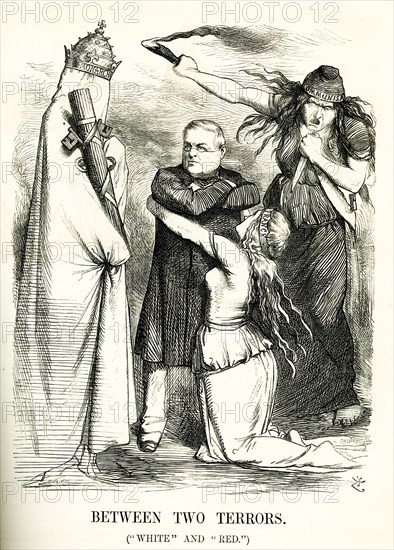 The caption for this illustration reads: Between Two terrors (“White” and “Red”). The labels on the characters from left to right are: Monarchy, France, Communism. The man represents Louis Adolphe Thiers, the first President of the Third Republic. The figure representing France embraces him. To the right is the threatening figure of Communism, and to the left the shrouded figure of Monarchy. Opposed by the monarchists in the French assembly and the left wing of the Republicans, Thiers resigned on 24 May 1873. It is taken from the Punch Almanac for 1873. Its date is October 18, 1873. Punch, or The London Charivari, was a British weekly magazine of humor and satire established in 1841 by Henry Mayhew and wood-engraver Ebenezer Landells. Historically, it was most influential in the 1840s and 1850s, when it helped to coin the term 'cartoon' in its modern sense as a humorous illustration.