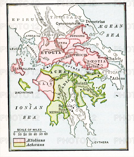 This map shows The Aetolian and Achaean Leagues about 229 BC. The legend reads: Pink: Aetolians; Green: Achaeans.