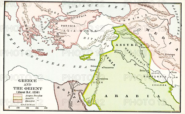 Greece and the Orient about B.C. 1250. The legend for this early 1900s map reads: Pink-Aryan peoples; green- Semitic peoples; Purple - Hamitic peoples.