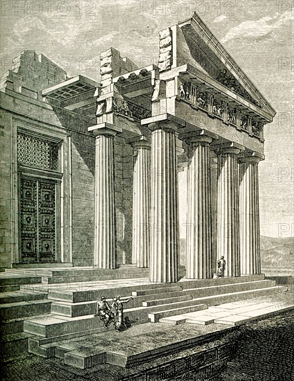 Sectional view of the east end of the Parthenon after Niemann. Northeast Corner of the Parthenon reconstructed by G Niemann with but little restoration from existing remains. On the gable front of the roof, the open triangular space (the pediment() of which was filled with the sculptures brought by Lord Elgin to England and now in the British Museum. For the ancient Greeks, the Parthenon served as a temple to the goddess Athena. Completed in 432 B.C., it stood on the Acropolis in Athens. Within, at the west end of the nave, stood a 40-foot high statue of Athena Parthenos (Parthenos means 'maiden'), sculpted by the renowned master Phidias. The statue was a framework of wood covered in ivory and gold. Athena held in her right hand a statue of the goddess Nike (Victory).