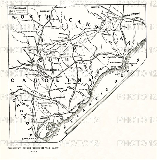 Sherman’s March Through Carolinas. This map shows: The Campaign of the Carolinas (January 1 - April 26, 1865)—the Carolinas Campaign—was the final campaign conducted by the Union Army against the Confederate States Army in the Western Theater. On January 1, Union General William T. Sherman advanced north from Savannah, Georgia, through the Carolinas, with the intention of linking up with Union forces in Virginia. The defeat of Confederate General Joseph E. Johnston's army at the Battle of Bentonville, and its unconditional surrender to Union forces on April 26, 1865, effectively ended the American Civil War.