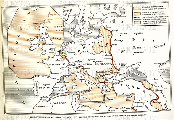 Battle lines on all fronts August 1, 1917. The map shows also the extent of the German submarine blockade. Legend: diagonal lines show Allied territory occupied by enemy; vertical lines show enemy territory occupied by Allies, dotted black line shows international frontiers; red line shows battle lines on August 1, 1917; horizontal lines show war zones of German submarine blockade.