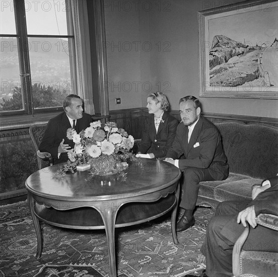 Grace and Rainier of Monaco visiting Max Petitpierre (l), 1957.