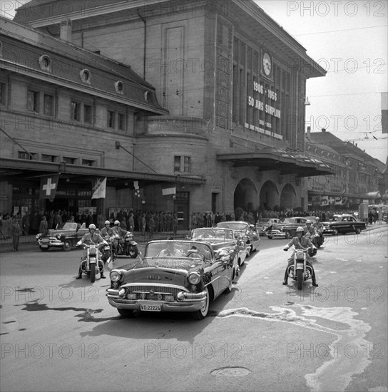 50th anniversary of the Simplon railway tunnel,  police motorcadeescorting the limousines in Lausanne 1956.