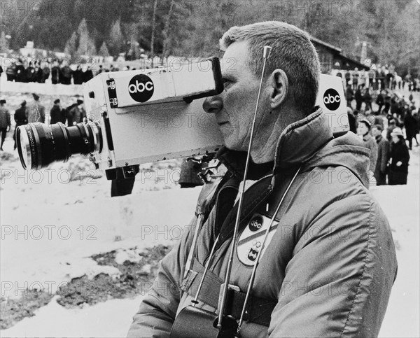 Ski race, camera man, television camera, 1964, Innsbruck.