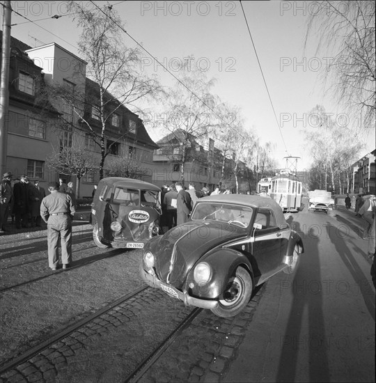 Tram traffic interrupt ba two cars damaged in an accident, Zurich 1958.