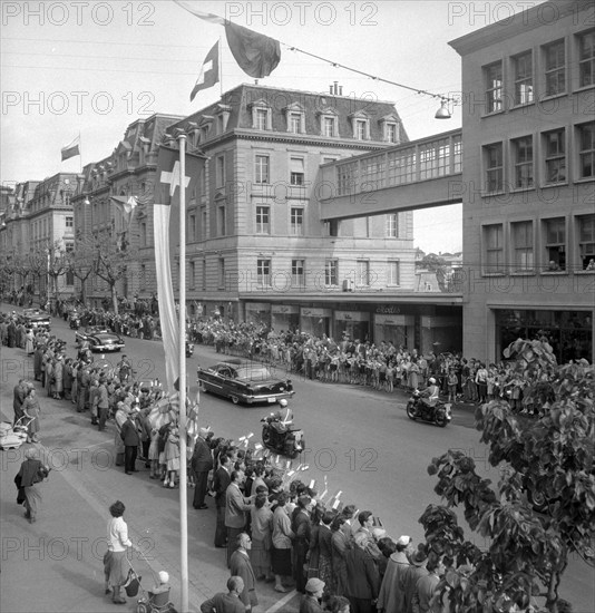 50th anniversary of the Simplon railway tunnel,  police motorcadeescorting the limousines in Lausanne 1956.