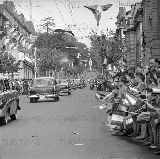 50th anniversary of the Simplon railway tunnel,  police motorcadeescorting the limousines in Lausanne 1956.