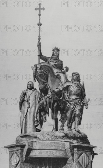 Isabella I (1451-1504). Queen of Castile (1474-1504). Queen consort of Aragon for her marriage to Ferdinand II of Aragon. Engraving depicting the monument to Isabella the Catholic erected in Madrid, inaugurated at the end of November 1883. The sculptural group was cast in bronze by Alessandro Nelli (1842-after 1897), based on the model designed by the sculptor Manuel Oms (1842-1889). Isabella is shown riding a horse, holding the Romanesque cross of the Reconquest in her right hand. The other two figures that complete the group are Cardinal Pedro Gonzalez de Mendoza (1428-1495) and Gonzalo Fernandez de Cordoba (1453-1515), known as ""El Gran Capitan"" (The Great Captain). La Ilustracion Espanola y Americana (The Spanish and American Illustration), January 8, 1884.