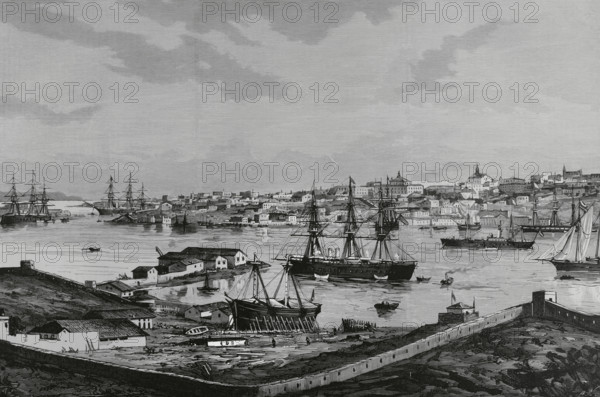 History of Spain. Mahon, Menorca, Balearic Islands. View of the city and port, from the dockyard. Drawing by A. de Caula. Engraving. La Ilustracion Espanola y Americana (The Spanish and American Illustration), January 15, 1884.