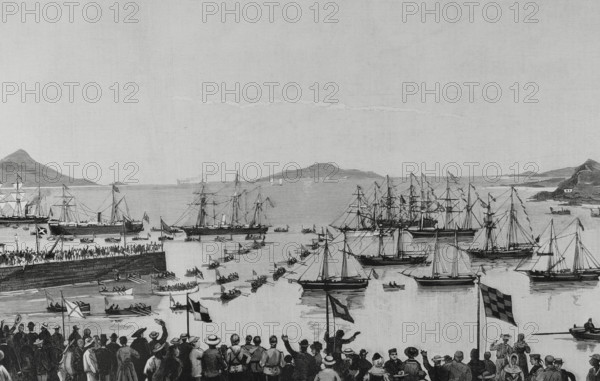 History of Spain. Santa Cruz de La Palma, La Palma, Canary Islands. Inauguration of the telegraph cable that established direct communication between the island of La Palma and the island of Tenerife. Aspect of the port on the morning of 16 November 1883, when the ships that were conducting the telegraph cable were visited. The cable squad was composed of the ships ""Dacia"", ""International"" and ""Ceres"", which are the ones in the foreground, on the left of the image. Engraving by Bernardo Rico (1825-1894). (La Ilustracion Espanola y Americana (The Spanish and American Illustration), January 15, 1884.