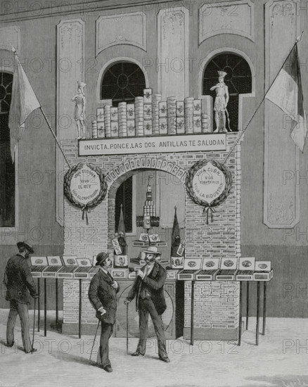 Ponce, Puerto Rico. Agricultural and Industrial Tobacco Exhibition (December 1883). Arch formed with boxes of cigars, of the first brands, in the main hall of the Exhibition. Engraving by Tomas Carlos Capuz (1834-1899). La Ilustracion Espanola y Americana (The Spanish and American Illustration), January 22, 1884.