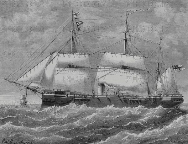 HMS Canada"" (1881) and ""HMS Conquest"" (1878). British Royal Navy. Drawing by Cortellini Sanchez. Engraving by Tomas Carlos Capuz (1834-1899). La Ilustracion Espanola y Americana (The Spanish and American Illustration), January 30, 1884.