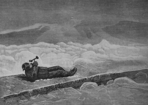 United States of America, New Hampshire. Mount Washington Observatory. An observer measuring the wind speed on the mountain plateau, by means of the Robinson device. Engraving by Bernardo Rico (1825-1894). La Ilustracion Espanola y Americana (The Spanish and American Illustration), January 30, 1884.