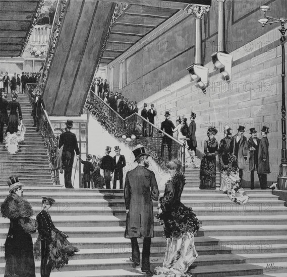 History of Spain. Ateneo de Madrid. Interior of the modernist building in Calle del Prado, designed by the architects Enrique Fort and Luis Landecho. Aspect of the main staircase on the night of 31 January 1884, when the building was inaugurated by Antonio Canovas del Castillo. Engraving by Vela. La Ilustracion Espanola y Americana (The Spanish and American Illustration), February 8, 1884.