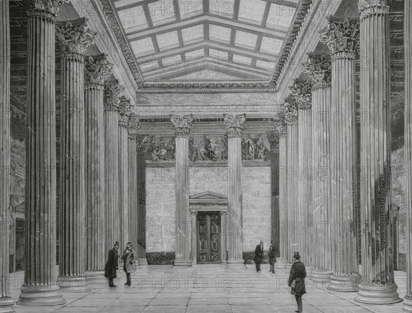 History of Austria. Vienna. Peristyle of the Austrian Parliament Building. The new building was inaugurated on 4 November 1883. It was built between 1874 and 1883 in the Greek Revival style by the architect Theophil von Hansen (1813-1891). Engraving by Tomas Carlos Capuz (1834-1899). La Ilustracion Espanola y Americana (The Spanish and American Illustration), February 8, 1884.