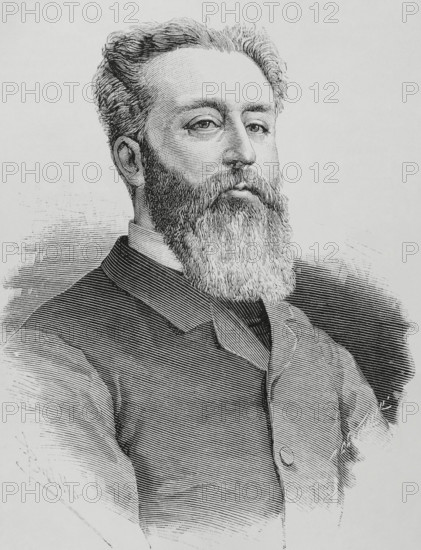 Alejandro Pidal y Mon (1846-1913). Spanish jurist, politician and academic. Minister of Public Works (1884-1885) in a government of Canovas del Castillo. Member and director of the Real Academia Espanola (Royal Spanish Academy). In 1881 he founded the Union Catolica party. President of the Congress of Deputies (1891-1893, 1896-1898 and 1899-1900). Portrait. Drawing by Badillo. Engraving by Arturo Carretero (1852-1903). La Ilustracion Espanola y Americana (The Spanish and American Illustration), February 8, 1884.