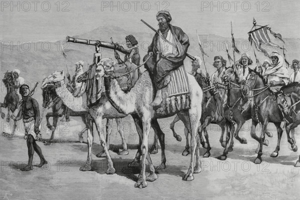 Mahdist War (1881-1899). It faced the followers of Sudanese religious leader Muhammad Ahmad bin Abdullah bin Fahal, the self-proclaimed Mahdi, against Egyptian Khedivate troops, who were later joined by British forces. The Sudanese insurgency. A raid by the Mahdi's troops near Suakin, where was housed the headquarters of the Anglo-Egyptian troops. Engraving by Bernardo Rico. La Ilustracion Espanola y Americana (The Spanish and American Illustration), February 15, 1884.