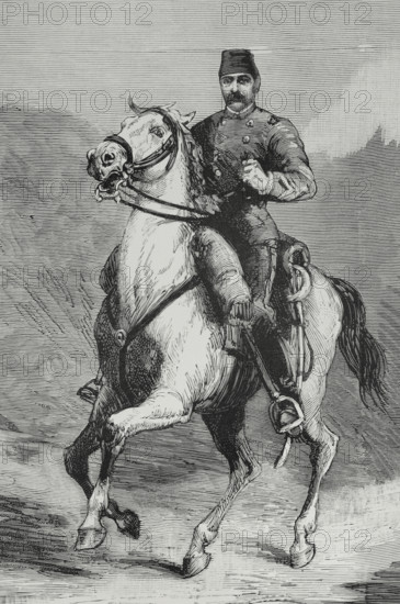 Valentine Baker (1827-1887), known as Baker Pasha. British officer commanding the Anglo-Egyptian corps that was defeated at the First Battle of El Teb (4 February 1884), during the Mahdist War (1881-1899). Equestrian portrait. Drawing by Juan Comba. Engraving. La Ilustracion Espanola y Americana (The Spanish and American Illustration), February 15, 1884.