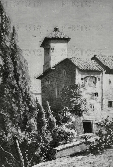 Spain. Andalusia. Granada. The Ladies Tower (Torre de las Damas). Part of the Partal Palace (Palacio del Partal), inside the Alhambra complex. Drawing by Agustin Lhardy (1847-1918). Engraving by Bernardo Rico (1825-1894). La Ilustracion Espanola y Americana (The Spanish and American Illustration), February 15, 1884.