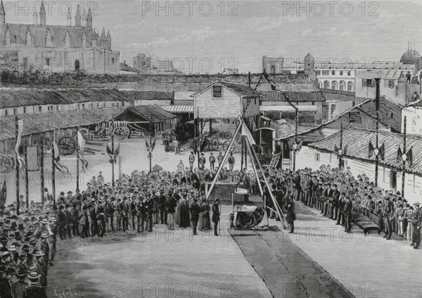 Havana, Cuba. Laying of the foundation stone for the new Scientific and Literary University on 23 January 1884. The ceremony was presided over by the governor general of the island, General Ignacio Maria del Castillo (1817-1893). The presbyter Doctor Teofilo Martinez de Escobar (1833-1912), professor of Metaphysics at the University, blessed the first stone. Engraving by Tomas Carlos Capuz (1834-1899). La Ilustracion Espanola y Americana (The Spanish and American Illustration), February 22, 1884.