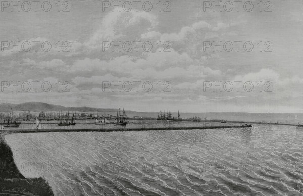 History of Spain. Barcelona, Catalonia. Dock of the new port. Drawing by Cortellini Sanchez. Engraving by Tomas Carlos Capuz (1834-1899). La Ilustracion Espanola y Americana (The Spanish and American Illustration), February 22, 1884.