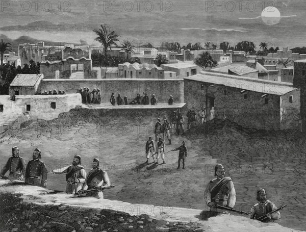 Mahdist War (1881-1899). It faced the followers of Sudanese religious leader Muhammad Ahmad bin Abdullah bin Fahal, the self-proclaimed Mahdi, against Egyptian Khedivate troops, who were later joined by British forces. Kassala, Sudan. Night alarm and defensive preparations by the Egyptian garrison against the approach of the Mahdi's tribes. Engraving by Bernardo Rico (1825-1894). La Ilustracion Espanola y Americana (The Spanish and American Illustration), March 8, 1884.