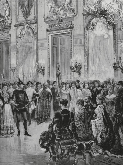 History of Spain. Madrid. Costume ball at the Palace of the Dukes of Fernan-Nunez, held on 25 February 1884. Presentation in the main hall of the extra ""La Commedia dell’ Arte"", before King Alfonso XII (1857-1885) and Queen Maria Christina of Austria (1858-1929), and the Princes of Bavaria, Infanta Maria de la Paz of Spain (1862-1946) and Prince Ludwig Ferdinand of Bavaria (1859-1949) (seated). Drawing by Juan Comba. Engraving by Arturo Carretero (1852-1903). Detail. La Ilustracion Espanola y Americana (The Spanish and American Illustration), March 15, 1884.