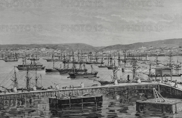 Valparaiso, Chile. Panoramic view of the port and the city, from the unloading pier. Engraving by Capuz. La Ilustracion Espanola y Americana (The Spanish and American Illustration), March 15, 1884.