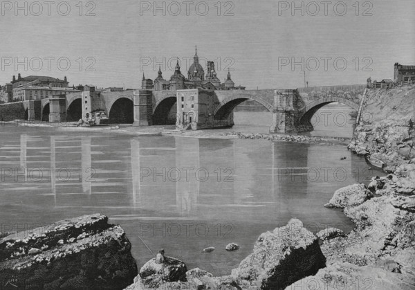 History of Spain. Zaragoza, Aragon. Puente de Piedra (Stone Bridge) over the river Ebro, from the ruins of San Lorenzo. Engraving by Bernardo Rico (1825-1894). La Ilustracion Espanola y Americana (The Spanish and American Illustration), March 22, 1884.