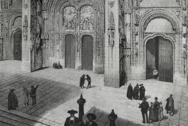 History of Spain. Salamanca. New Cathedral (Catedral Nueva). Its construction began in 1513 and it was inaugurated in August 1733. Western facade (main facade). Drawing from life by Antonio Hebert. Engraving by Arturo Carretero (1852-1903). La Ilustracion Espanola y Americana (The Spanish and American Illustration), March 22, 1884.