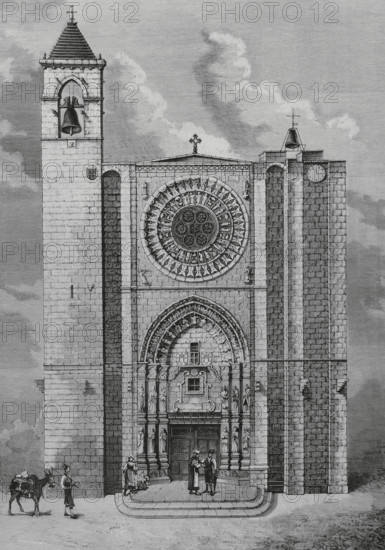 History of Spain. Noya (Noia), Galicia. Exterior of the St. Martin's parish church (igrexa de San Martino de Noia). Drawing by A. Hebert. Engraving. La Ilustracion Espanola y Americana (The Spanish and American Illustration), March 30, 1884.