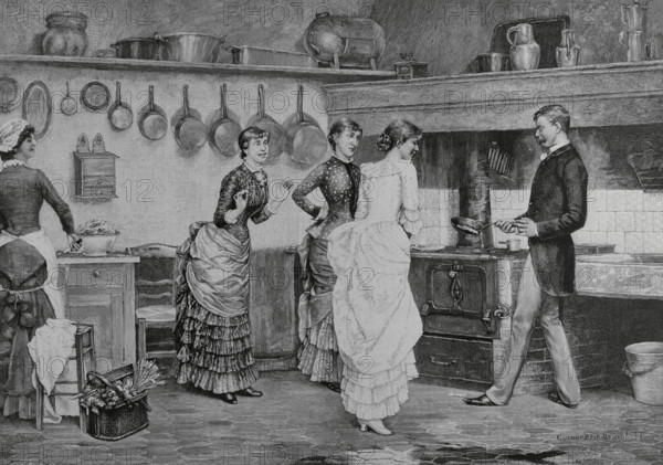 Shrove Tuesday"", 1882. Engraving by Baude after the canvas by the Finnish painter Gunnar Berndtson (1854-1895). Inexperienced cook. La Ilustracion Espanola y Americana (The Spanish and American Illustration), March 30, 1884.