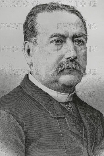 Abelardo de Carlos y Almansa (1822-1884). Spanish businessman and writer. Owner of various periodicals. In 1869 he founded what was his great work, ""La Ilustracion Espanola y Americana"". Portrait. Engraving by Arturo Carretero (1852-1903). La Ilustracion Espanola y Americana (The Spanish and American Illustration), April 8, 1884.