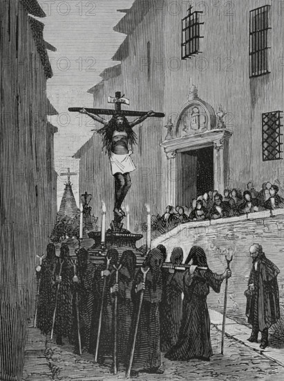 History of Spain. 19th century. Easter Week in Toledo. Maundy Thursday procession: ""Cristo de las Aguas"" (Christ of the Waters). Drawing by Nao. Engraving by Capuz. La Ilustracion Espanola y Americana (The Spanish and American Illustration), April 8, 1884.