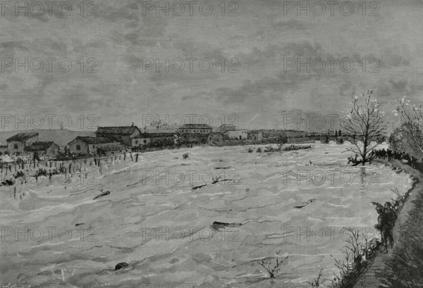 History of Spain. Madrid. Flood of the Manzanares River. Aspect of the river in the environs of the Bridge of Toledo, 6 April 1884. Drawing by Juan Comba. Engraving by Tomas Carlos Capuz (1834-1899). La Ilustracion Espanola y Americana (The Spanish and American Illustration), April 15, 1884.