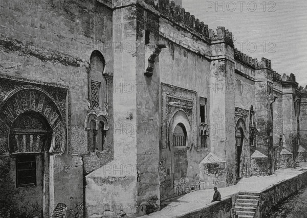 History of Spain. Andalusia. Mosque-Cathedral of Cordoba. Exterior view of the ancient mosque in the city. Engraving by Tomas Carlos Capuz (1834-1899). La Ilustracion Espanola y Americana (The Spanish and American Illustration), April 22, 1884.