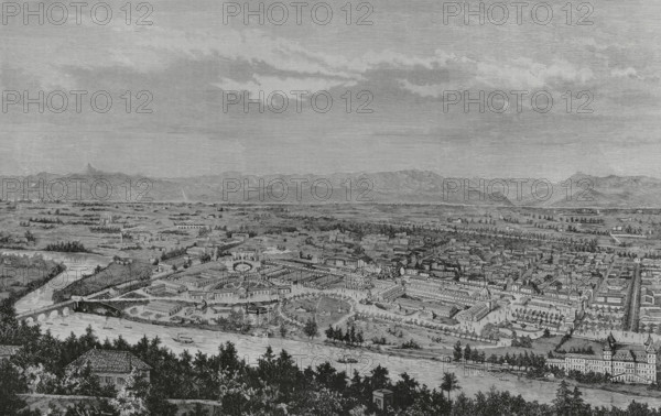 Turin, Italy. General Italian Artistic and Industrial Exhibition. It was held between April and November 1884 in the Parco del Valentino, officially opened on 26 April 1884. Panoramic view from the right bank of the River Po. Engraving by Tomas Carlos Capuz (1834-1899). La Ilustracion Espanola y Americana (The Spanish and American Illustration), May 8, 1884.