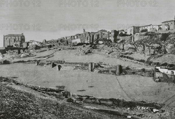 History of Spain. Ronda, Andalusia. Panoramic view of the town with its ancient walls founded by the Romans and restored in the Muslim period. Engraving. La Ilustracion Espanola y Americana (The Spanish and American Illustration), May 8, 1884.