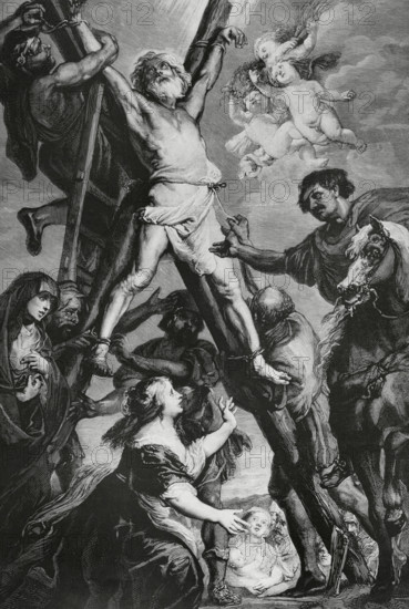 Andrew the Apostle, also called Saint Andrew (1st century). He was born in Bethsaida. Follower of John the Baptist and later became a disciple of Jesus. He died being crucified in Patras, Achaea, Greece. Martyrdom of Saint Andrew. Engraving by Arturo Carretero (1852-1903) based on a painting by Rubens from 1639. La Ilustracion Espanola y Americana (The Spanish and American Illustration), May 15, 1884.