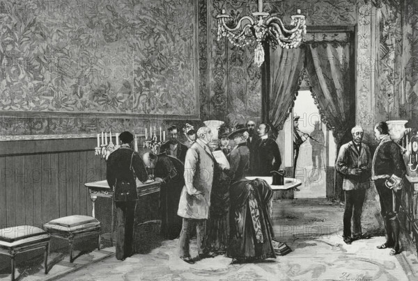 History of Spain. Madrid. Royal Palace. Aspect of the antechamber of the private rooms of the Princes of Bavaria, Infanta Maria de la Paz of Spain (1862-1946) and Prince Ludwig Ferdinand of Bavaria (1859-1949), where the medical reports and registration lists were displayed daily to the public, on the occasion of the illness of the Infanta Paz after the birth of her son Ferdinand of Bavaria (1884-1958). Drawing from life by Juan Comba. Engraving by Bernardo Rico (1825-1894). La Ilustracion Espanola y Americana (The Spanish and American Illustration), May 22, 1884.