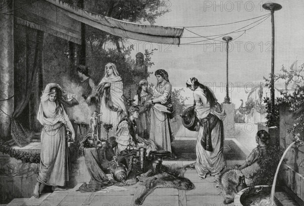 Women of Carthage. Engraving by R. Brendamour after a painting by Richard Linderum (1851-1926). It depicts a patriotic episode of the Third Punic War (149-146 BC), the last confrontation between the Carthage and Rome. The Carthaginian women deposit their jewellery, their treasures and even their hair (the object of the highest esteem of the Carthaginians) on the altar of the homeland in order to buy swords and spears and fight the invaders. La Ilustracion Espanola y Americana (The Spanish and American Illustration), May 22, 1884.